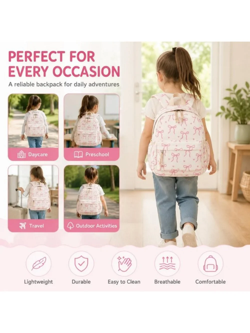 Cute Toddler Backpack for Girls - Mini Bow Tie Design, Ideal for Preschool